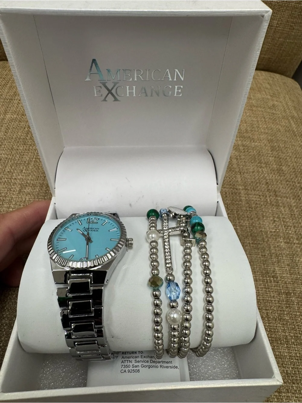 American Exchange Women’s Quartz Silver Tone Blue Dial Bracelet Box Set